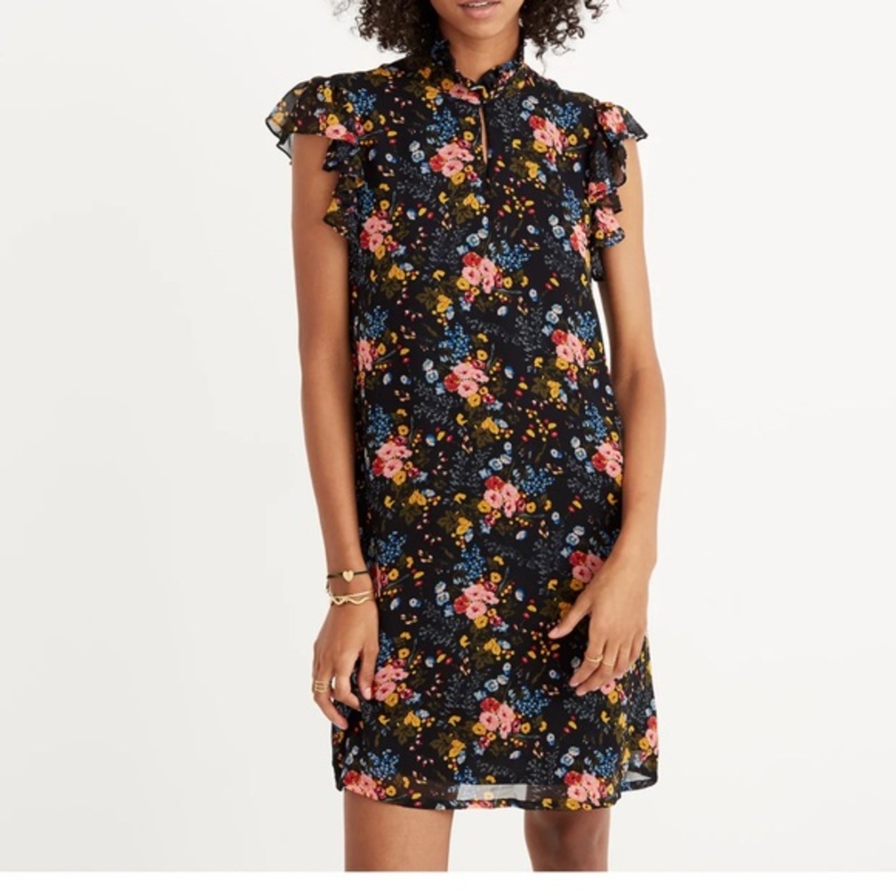 Madewell No. 6 black floral silk above the knee dress